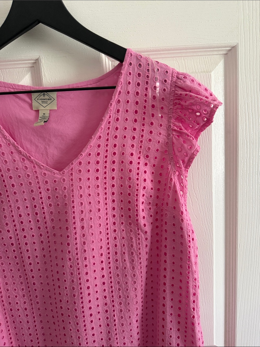 St. John's Bay Pink Eyelet V-Neck Ruffle Sleeve Mini Dress - Picture 4 of 16